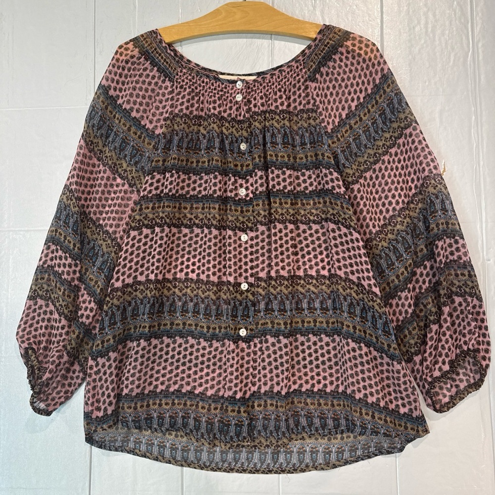 Sundance Pink and Green Silk Sheer Patterned Button-Front Peasant Blouse